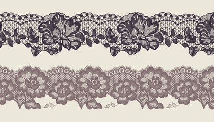 Two styles of brown-toned large floral lace trim.
