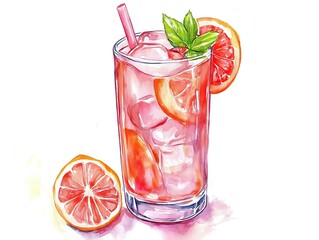Watercolor Paloma Cocktail with Grapefruit Ice Soda: Summer Citrus Drink Illustration on White Background
