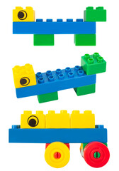 Fototapeta premium Isolated photo of construction block toy creatures on white background.