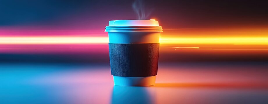 Steaming coffee cup with vibrant lighting effects.