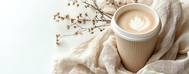 Warm latte in a stylish takeaway cup.