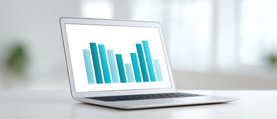 Laptop displaying bar chart with blue columns on screen, set in bright office environment