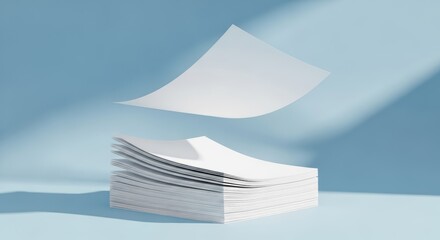 Clean white papers float and rest on a stack against a light blue background.