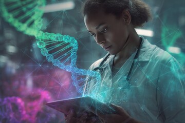 Female Doctor Genetic Research Science Technology Digital Tablet DNA Helix Healthcare Medicine Biotechnology Modern Innovation Future Medical Science Professional Female Scientist Studying Genetic