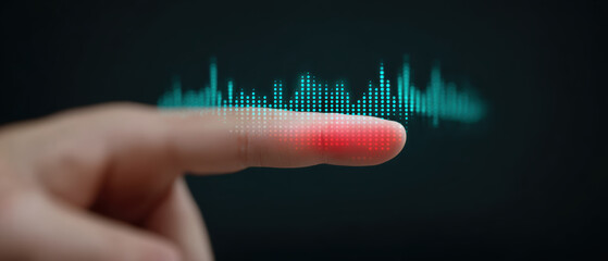 Finger touching digital sound wave, glowing with red light, symbolizes technology interaction