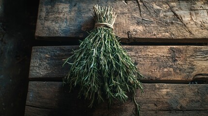 Tied Bunch of Fresh Rosemary on Rustic Wooden Planks