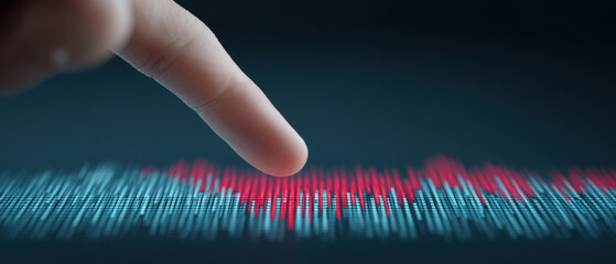 Finger interacts with digital graph displaying fluctuating red and blue lines, symbolizing data analysis