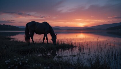 Horse Grazing by Serene Lake During Sunset With Colorful Sky in the Background