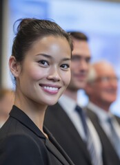 Asian professional leads a diverse team in meeting around a table, engaging in strategic discussion and fostering corporate success through modern workplace collaboration and technology integration