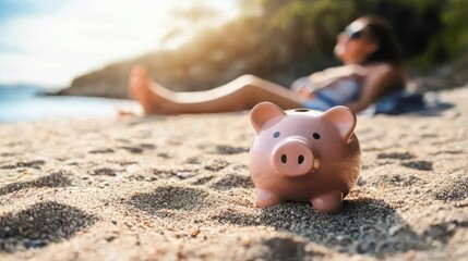 Pink piggy bank on beach, woman relaxing