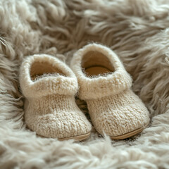 Soft Woolen Baby Shoes Placed on a Cozy Fluffy Fabric Background