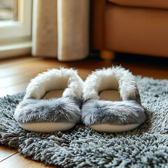 Soft Gray Fluffy Slippers Placed on a Cozy Rug in a Home Setting