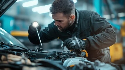 A focused mechanic meticulously inspecting a car engine with a flashlight, showcasing expertise and precision.