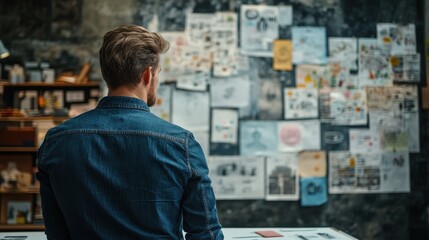 Creative Designer Reviewing Sketches and Marketing Concepts, Back View, Wall of Ideas, Text Space Ready