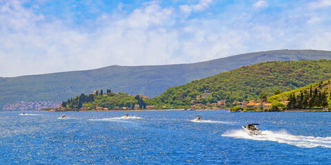 Beautiful summer Mediterranean landscape. Montenegro, Adriatic Sea. View of Bay of Kotor near Verige Strait, Kamenari town