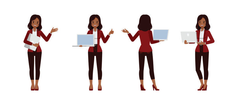 Black businesswoman wear red suit character vector illustration design set. Women using laptop and presentation. - Powered by Adobe