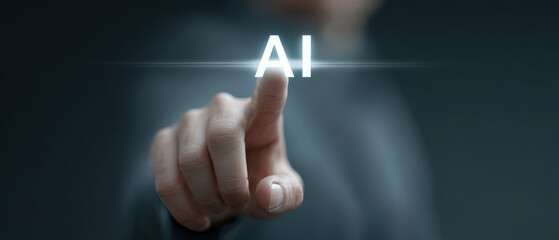 Person touching glowing AI text in futuristic setting