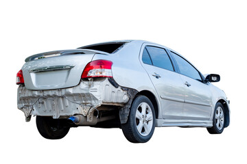 Car crash, Back view of silver or gray sedan car get damaged by accident on the road. damaged cars after collision. isolated on transparent background. PNG File