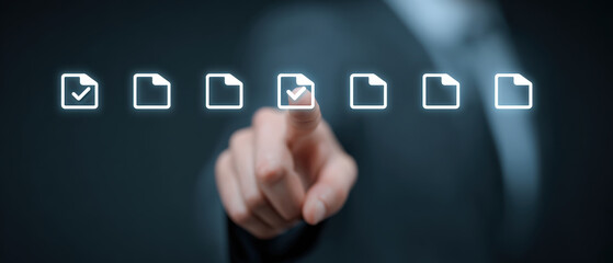 Digital document selection with glowing checkmark icon, representing technology and business efficiency