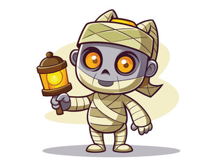Naklejka premium A cheerful, cartoon mummy character holds a warm-toned lantern.