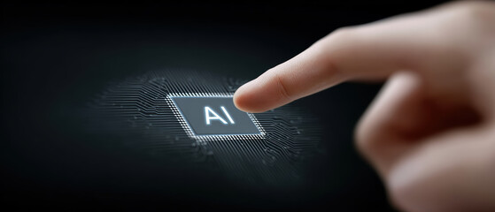 Finger touching glowing AI button on dark digital interface, symbolizing technology