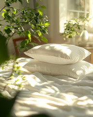 Cozy Sunlit Bedroom with Soft White Pillows and Green Foliage