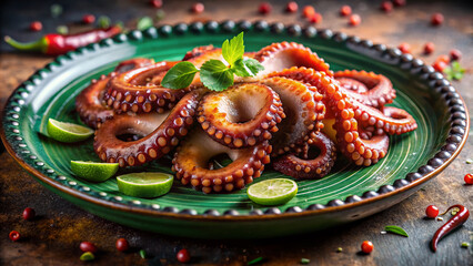 Galician-style octopus Pulpo a la Gallega on green plate. Pulpo a la Gallega dish features tender octopus tentacles seasoned with paprika and olive oil.