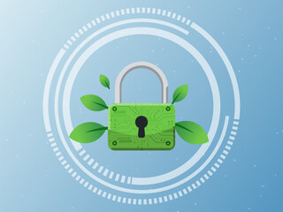 Green padlock, circuit pattern, leaves, secure technology, eco friendly, digital security