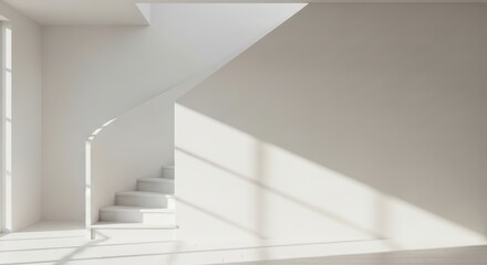 Obraz premium Empty white interior with stairs and sunlight casting shadows.