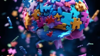 Colorful puzzle pieces assemble a brain, representing cognitive function, and mental health - Powered by Adobe