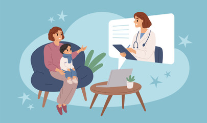 Pediatric online consultation. Baby remote examination, son sitting on mother lap, internet doctor, health care app, medical consultation, garish vector cartoon flat isolated concept