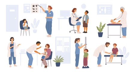 Medical kids examination. Children and babies admission to pediatric, ophthalmologist, otolaryngologist, psychotherapist, child healthcare. Garish vector cartoon flat isolated set