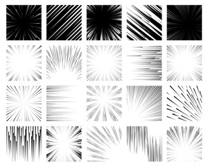 Manga frames. Comic book graphic effects collection, speed lines and dynamic strokes, black and white background, anime fast movement, radial motion rays, qualitative vector set