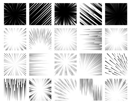 Manga frames. Comic book graphic effects collection, speed lines and dynamic strokes, black and white background, anime fast movement, radial motion rays, qualitative vector set