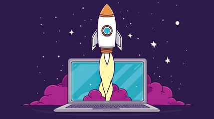 Rocket launching from laptop, starry night