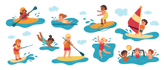 Kids water sports. Funny child athletes, rowing and swimming, windsurfing, diving, playing water polo, cute boys, girls in swimwear, vacation on sea, cartoon isolated garish vector set