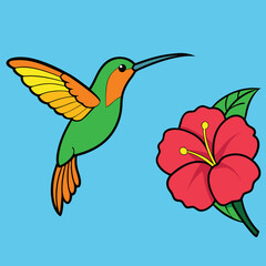 : A Vibrant Hummingbird Hovering Near a Hibiscus Flower in a Tropical Garden - Vector Illustration for Nature and Wildlife Themes 