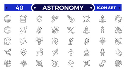 Astronomy icon of science observatory, satellite and rocket .space and planet outline Icons, thin line style. Contains such Icons as space, planet, alien, solar, technology, space travels, stars.