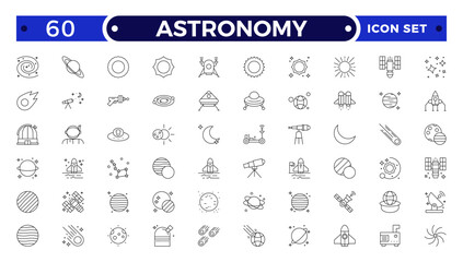 Astronomy icon of science observatory, satellite and rocket .space and planet outline Icons, thin line style. Contains such Icons as space, planet, alien, solar, technology, space travels, stars.