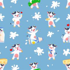 Cute cow seamless pattern. Cartoon funny farm animals with dairy products, repeated white milk blots, little calf. Textile, wrapping paper, wallpaper. Print for fabric, classy vector background