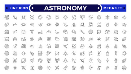 Astronomy icon of science observatory, satellite and rocket .space and planet outline Icons, thin line style. Contains such Icons as space, planet, alien, solar, technology, space travels, stars.