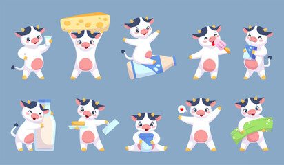 Cute cow character. Cartoon farm animal mascot, milk and dairy products advertising, mammal in different poses, actions, positive emotions, livestock funny talisman classy vector isolated set