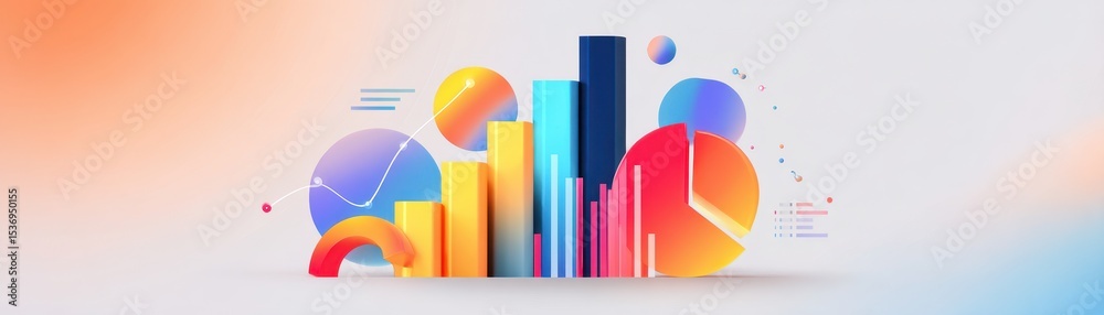 Poster colorful abstract graphic representing data visualization with charts and graphs in a modern style.