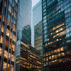 Obraz premium Modern Cityscape Architecture Night Urban Buildings Glass Skyscrapers Office Towers Business District Evening City Lights Reflection Golden Hour Twilight Urban Landscape view image scene design window