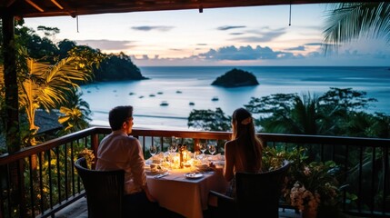 Romantic dinner overlooking a beach sunset