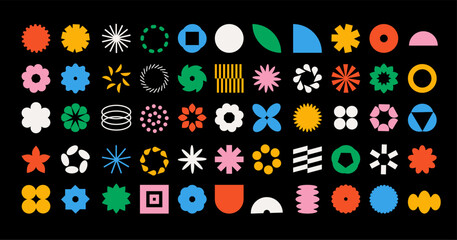 Brutal color shapes. Modern geometric forms, minimalist simple design, abstract primitive bright figures, bauhaus style, star flower and circle, isolated graphic elements, garish vector set