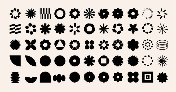 Brutalism elements. Abstract geometric shapes, contemporary creative figures, simple graphic, design minimal objects, modern minimalism, black silhouettes, garish vector isolated flat set