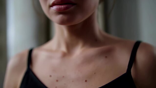 A detailed shot begins on a woman's chest, showing skin texture and multiple moles, before tilting up to her contemplative face. She wears a black top in a softly illuminated indoor setting.