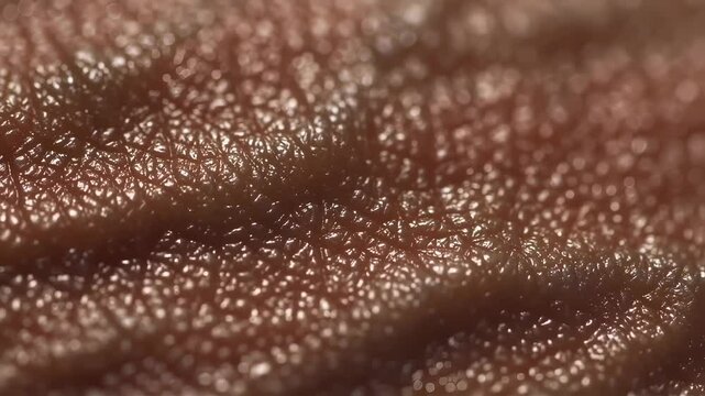  A detailed macro view of the surface of human skin. The intricate patterns of the epidermis and pores are visible on the brown skin, highlighted by soft, warm light creating a beautiful texture. 