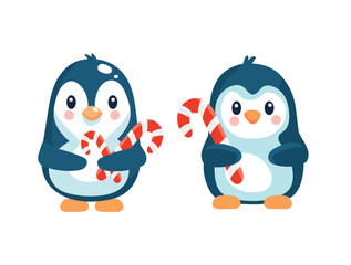 Cute Penguin, Christmas. Flat vector clipart, illustration with isolated background.
